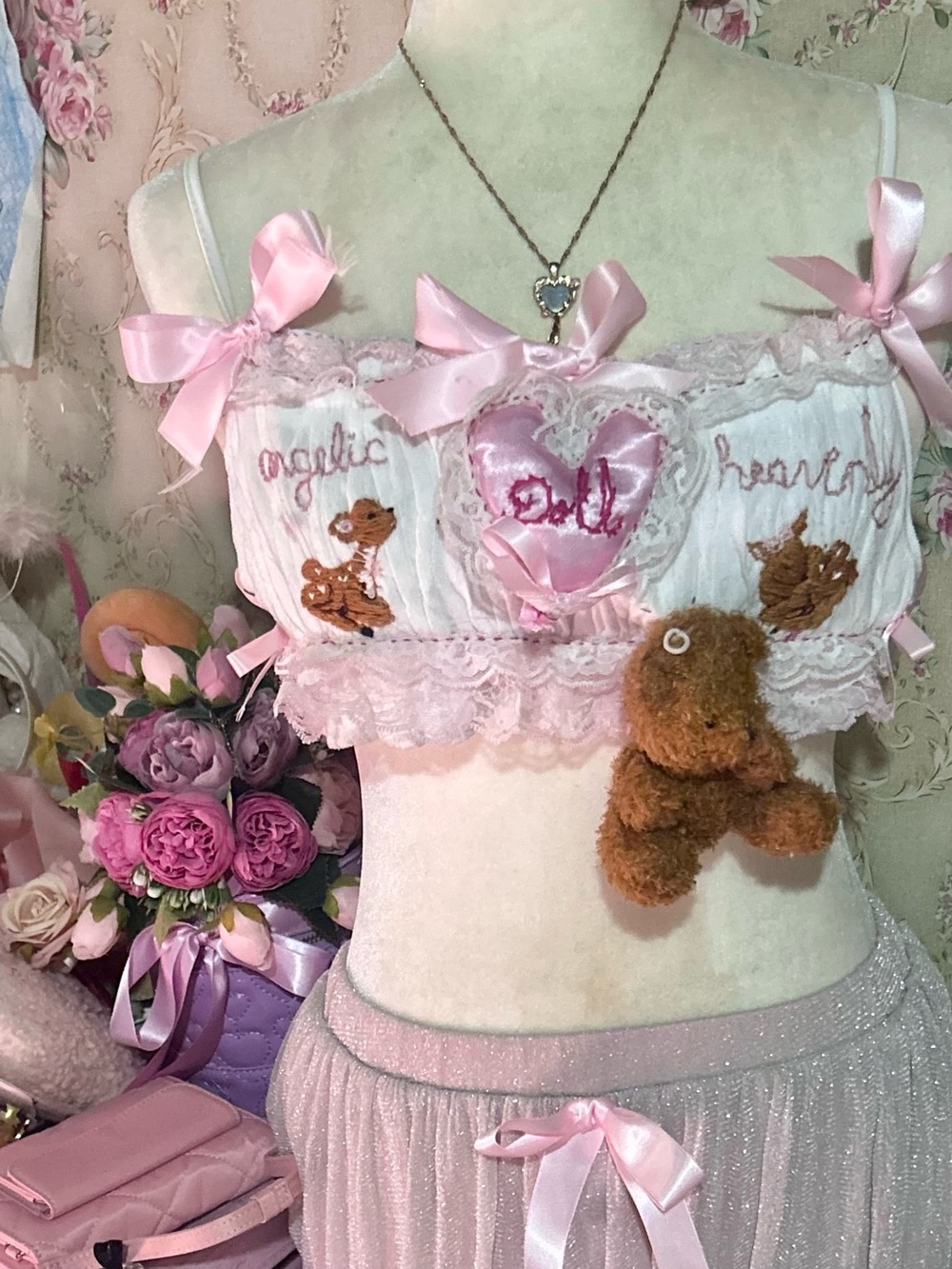 Doll <3 🎀 ooak bandeau top ruffle tube dolly  pink bows pretty  deer fawn